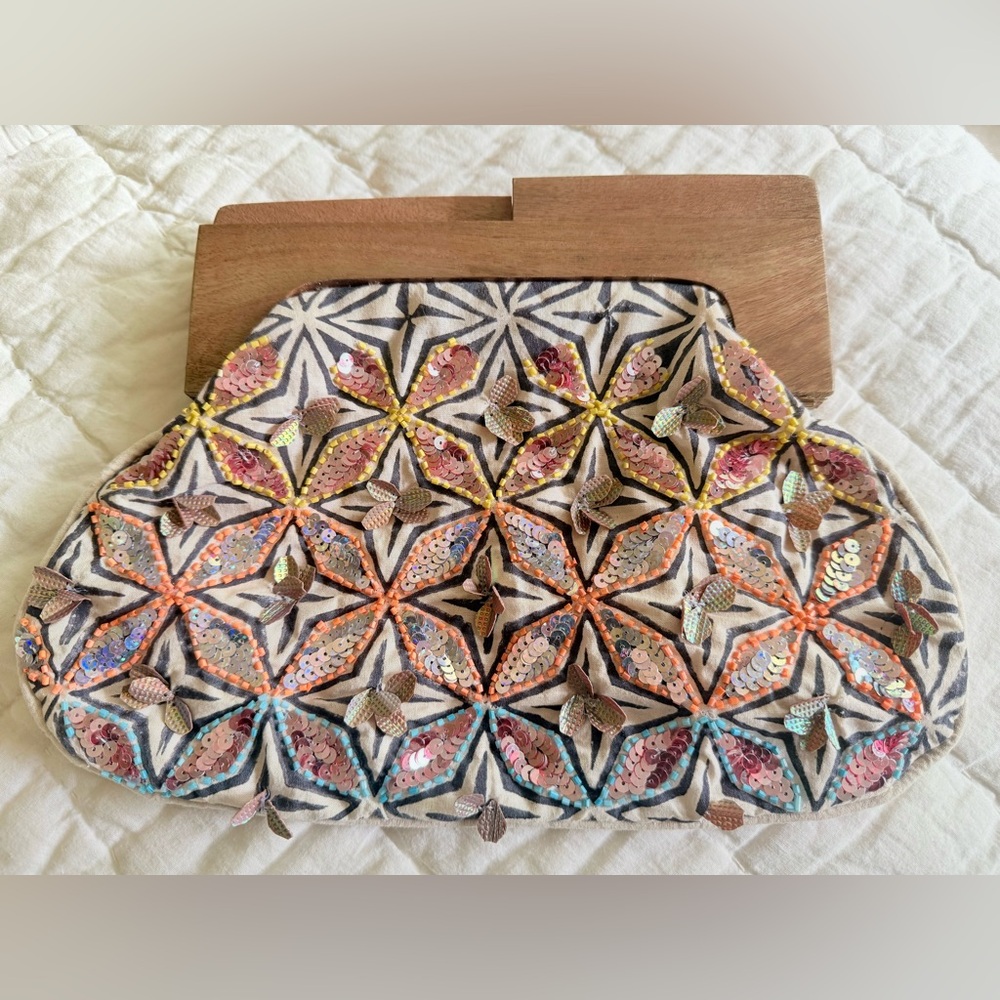 Fabulous MJ New York Colorful Beaded Wood Clutch